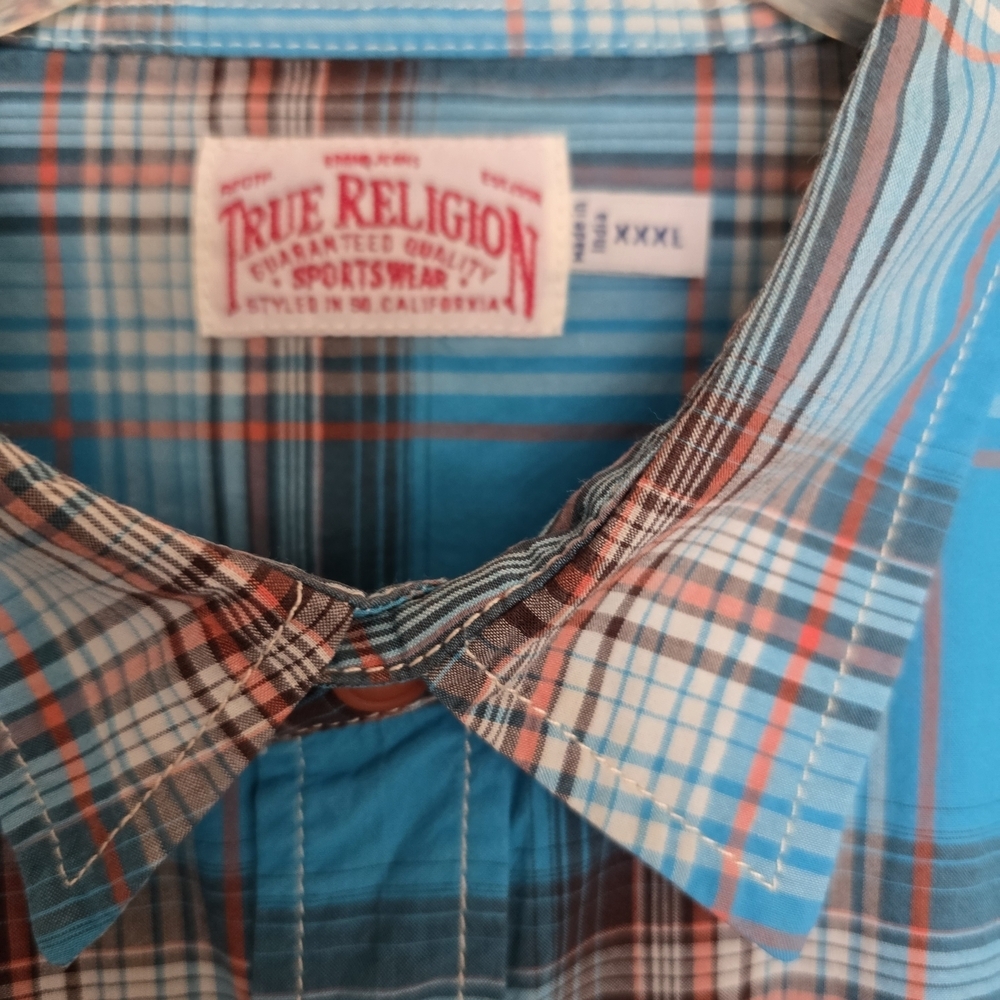 True Religion Turquoise Orange Blue Brown Plaid Button-Down Shirt - Picture 2 of 4